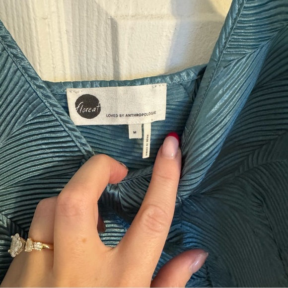 Floreat Anthropologie Teal Satin Tank Top Blouse | Textured Leaf Print Cami - Picture 3 of 5